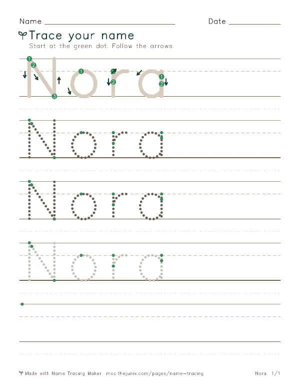 Page 1 of the Nora name tracing worksheet: Nora written six times in dotted letters on handwriting lines, with green start dots and numbered arrows on the first copy