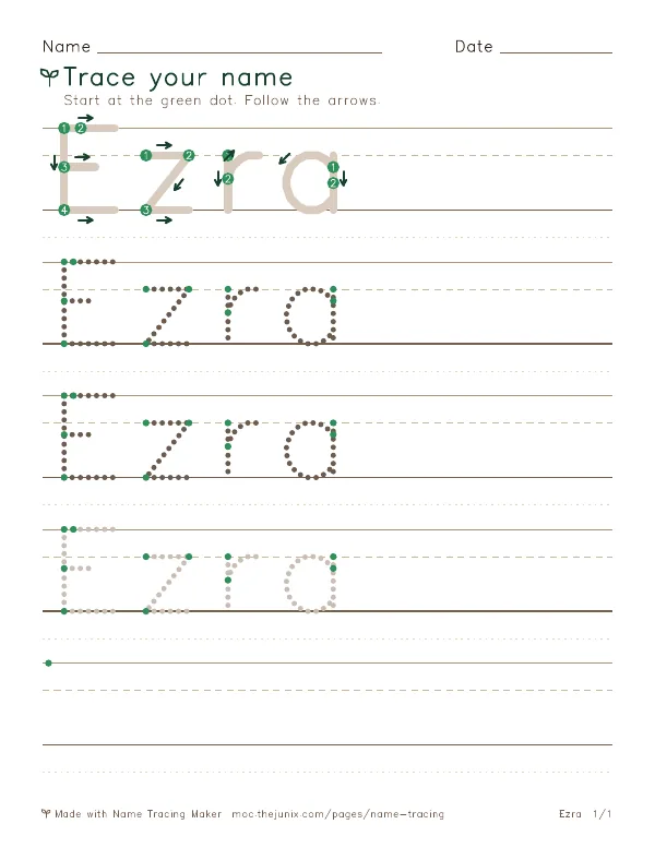 Page 1 of the Ezra name tracing worksheet: Ezra written six times in dotted letters on handwriting lines, with green start dots and numbered arrows on the first copy