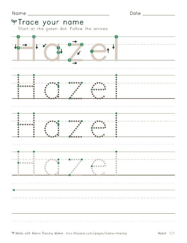 Page 1 of the Hazel name tracing worksheet: Hazel written six times in dotted letters on handwriting lines, with green start dots and numbered arrows on the first copy