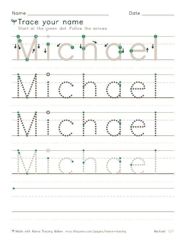 Page 1 of the Michael name tracing worksheet: Michael written six times in dotted letters on handwriting lines, with green start dots and numbered arrows on the first copy