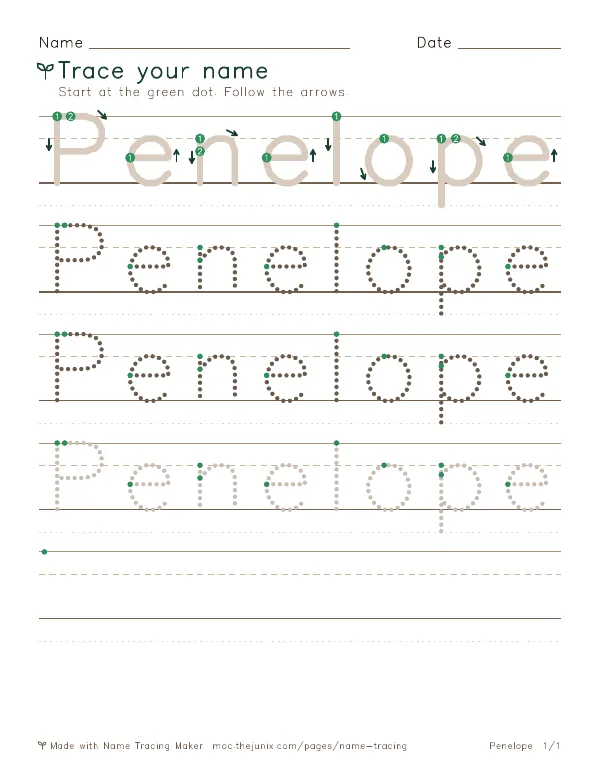 Page 1 of the Penelope name tracing worksheet: Penelope written six times in dotted letters on handwriting lines, with green start dots and numbered arrows on the first copy