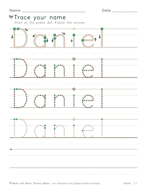 Page 1 of the Daniel name tracing worksheet: Daniel written six times in dotted letters on handwriting lines, with green start dots and numbered arrows on the first copy