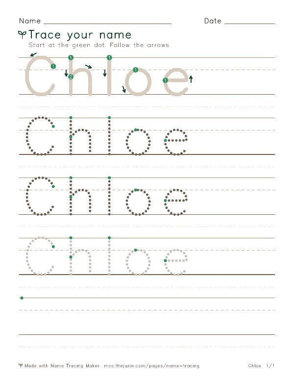 Page 1 of the Chloe name tracing worksheet: Chloe written six times in dotted letters on handwriting lines, with green start dots and numbered arrows on the first copy