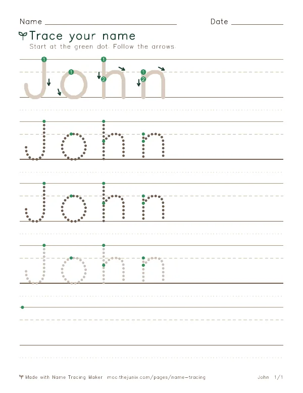 Page 1 of the John name tracing worksheet: John written six times in dotted letters on handwriting lines, with green start dots and numbered arrows on the first copy