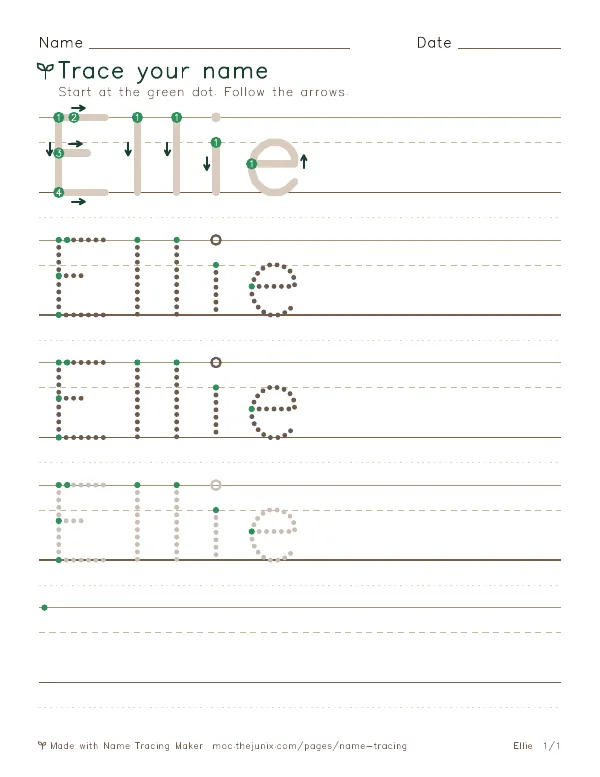 Page 1 of the Ellie name tracing worksheet: Ellie written six times in dotted letters on handwriting lines, with green start dots and numbered arrows on the first copy