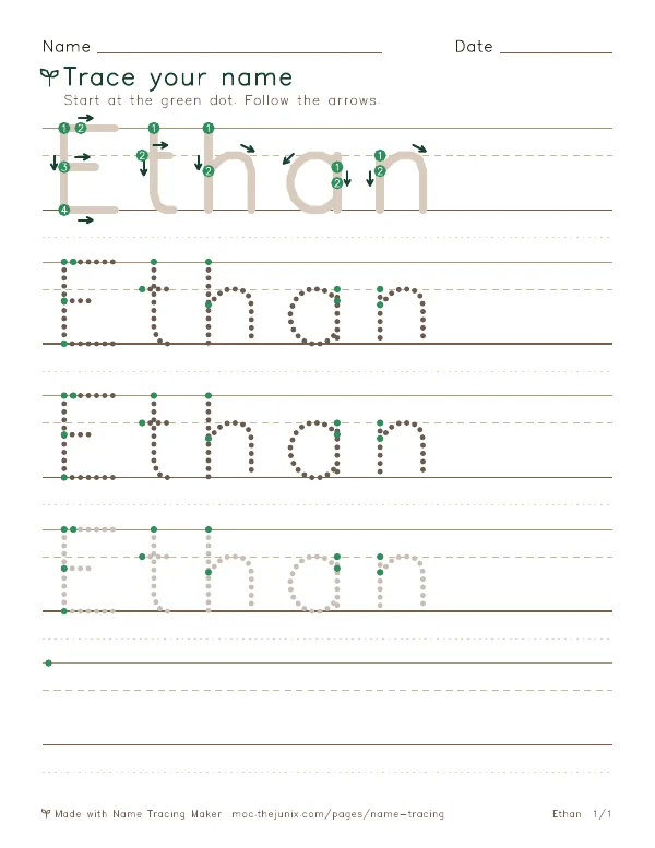 Page 1 of the Ethan name tracing worksheet: Ethan written six times in dotted letters on handwriting lines, with green start dots and numbered arrows on the first copy
