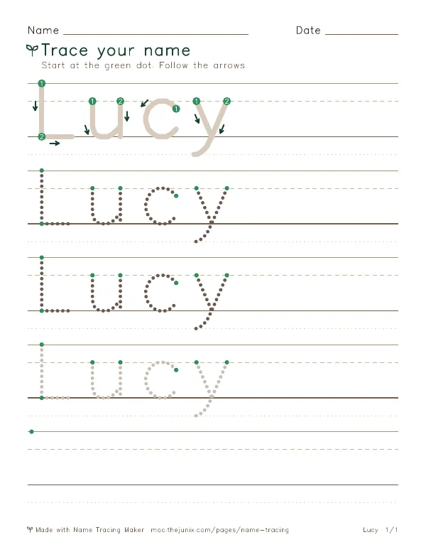 Page 1 of the Lucy name tracing worksheet: Lucy written six times in dotted letters on handwriting lines, with green start dots and numbered arrows on the first copy