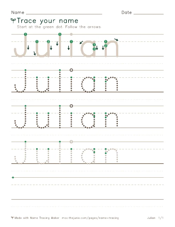 Page 1 of the Julian name tracing worksheet: Julian written six times in dotted letters on handwriting lines, with green start dots and numbered arrows on the first copy