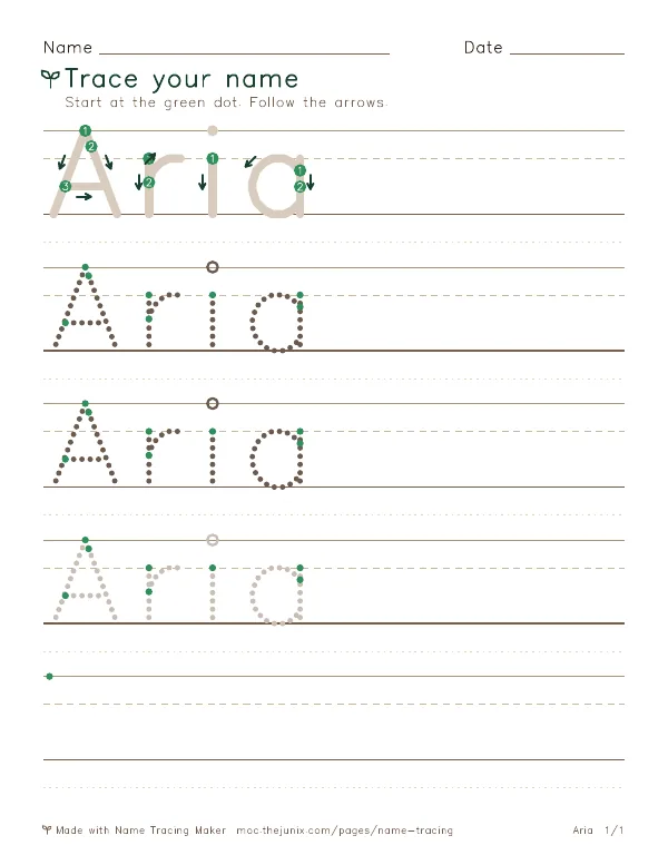 Page 1 of the Aria name tracing worksheet: Aria written six times in dotted letters on handwriting lines, with green start dots and numbered arrows on the first copy