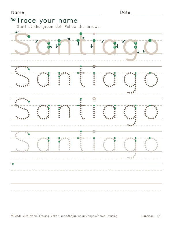 Page 1 of the Santiago name tracing worksheet: Santiago written six times in dotted letters on handwriting lines, with green start dots and numbered arrows on the first copy