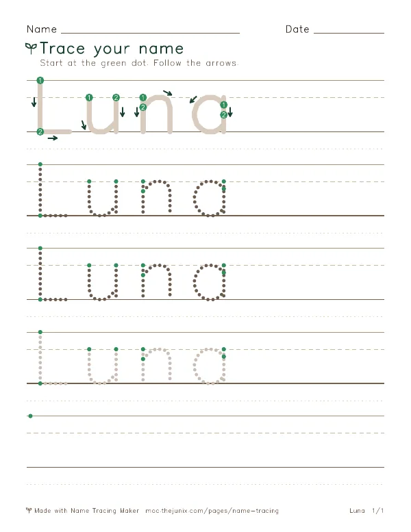 Page 1 of the Luna name tracing worksheet: Luna written six times in dotted letters on handwriting lines, with green start dots and numbered arrows on the first copy
