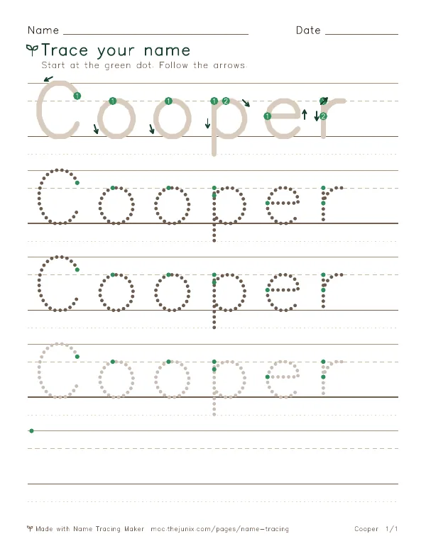 Page 1 of the Cooper name tracing worksheet: Cooper written six times in dotted letters on handwriting lines, with green start dots and numbered arrows on the first copy