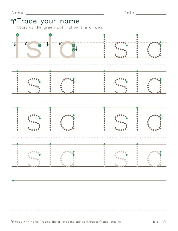 Page 1 of the Isla name tracing worksheet: Isla written six times in dotted letters on handwriting lines, with green start dots and numbered arrows on the first copy