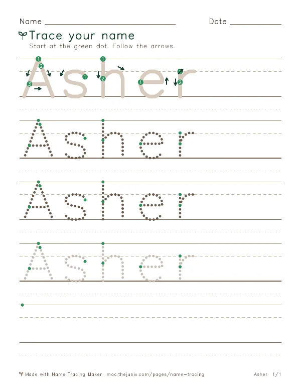 Page 1 of the Asher name tracing worksheet: Asher written six times in dotted letters on handwriting lines, with green start dots and numbered arrows on the first copy