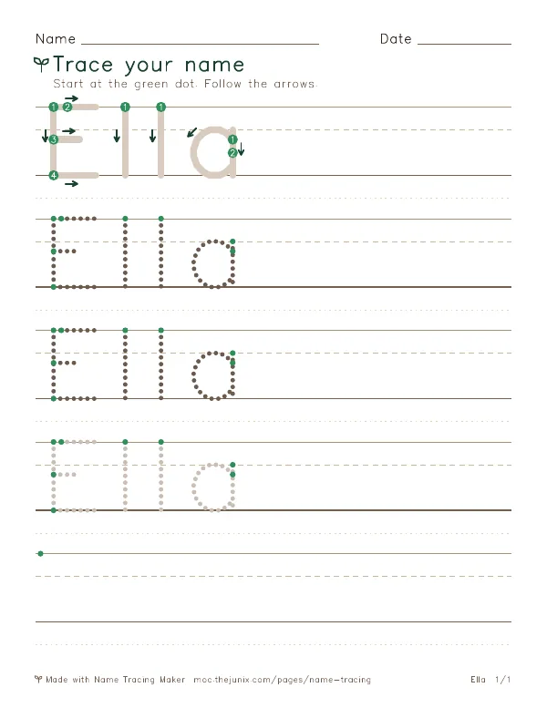 Page 1 of the Ella name tracing worksheet: Ella written six times in dotted letters on handwriting lines, with green start dots and numbered arrows on the first copy