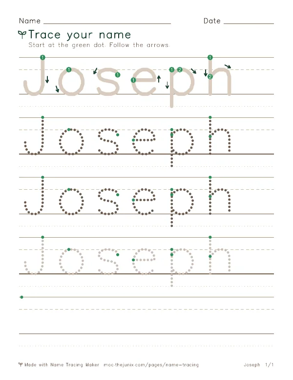 Page 1 of the Joseph name tracing worksheet: Joseph written six times in dotted letters on handwriting lines, with green start dots and numbered arrows on the first copy
