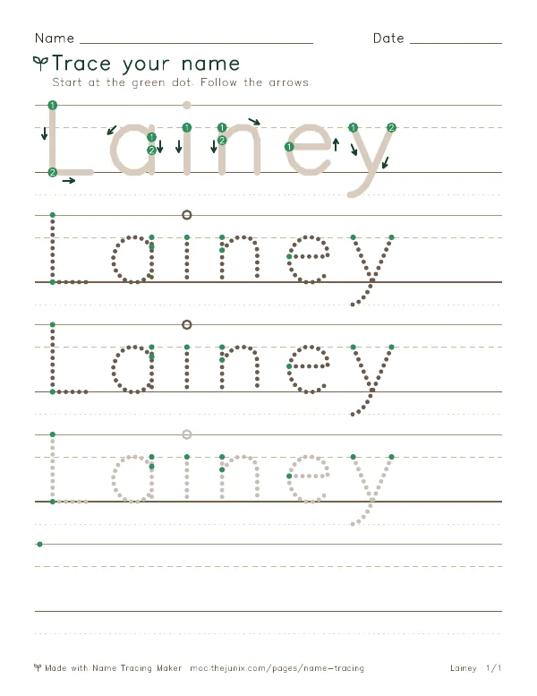 Page 1 of the Lainey name tracing worksheet: Lainey written six times in dotted letters on handwriting lines, with green start dots and numbered arrows on the first copy