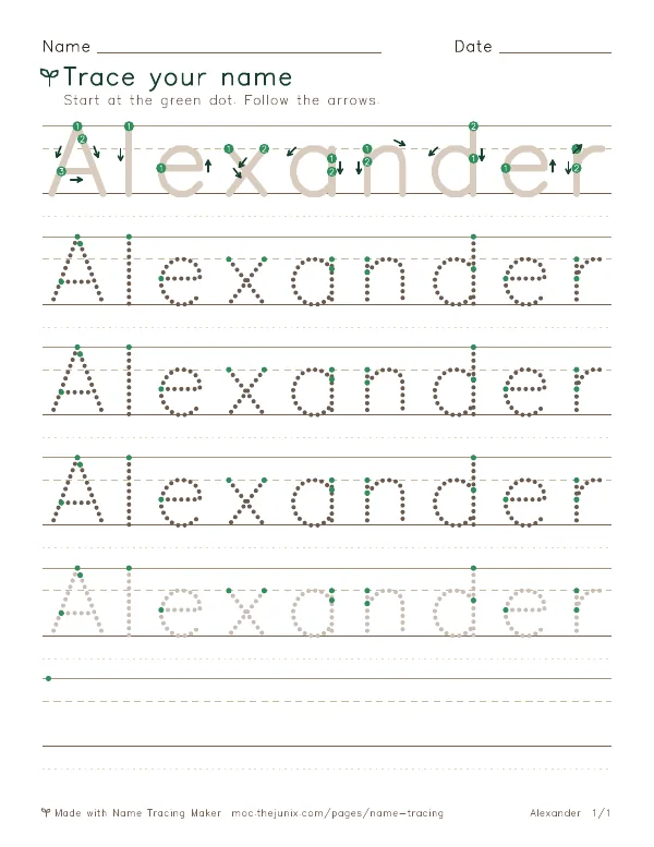 Page 1 of the Alexander name tracing worksheet: Alexander written six times in dotted letters on handwriting lines, with green start dots and numbered arrows on the first copy