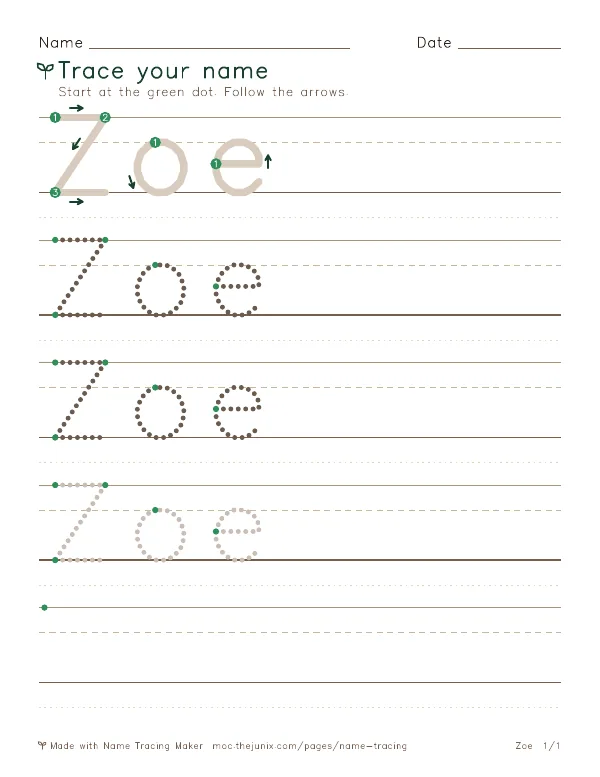Page 1 of the Zoe name tracing worksheet: Zoe written six times in dotted letters on handwriting lines, with green start dots and numbered arrows on the first copy