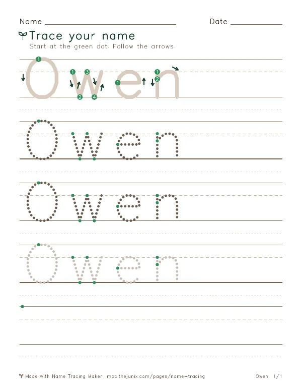 Page 1 of the Owen name tracing worksheet: Owen written six times in dotted letters on handwriting lines, with green start dots and numbered arrows on the first copy