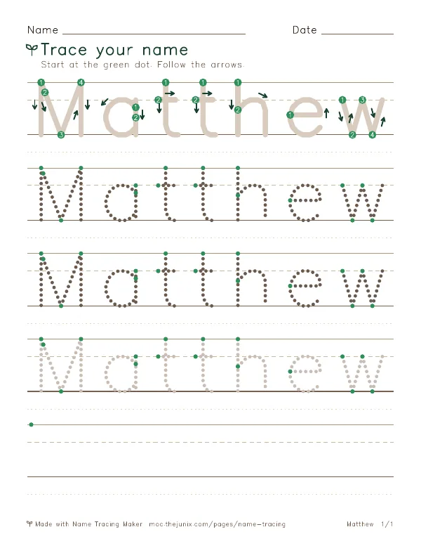 Page 1 of the Matthew name tracing worksheet: Matthew written six times in dotted letters on handwriting lines, with green start dots and numbered arrows on the first copy