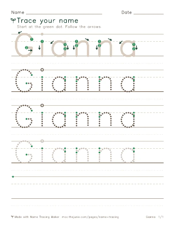 Page 1 of the Gianna name tracing worksheet: Gianna written six times in dotted letters on handwriting lines, with green start dots and numbered arrows on the first copy