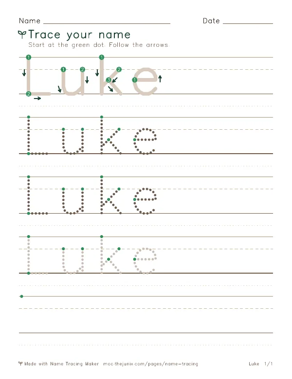 Page 1 of the Luke name tracing worksheet: Luke written six times in dotted letters on handwriting lines, with green start dots and numbered arrows on the first copy