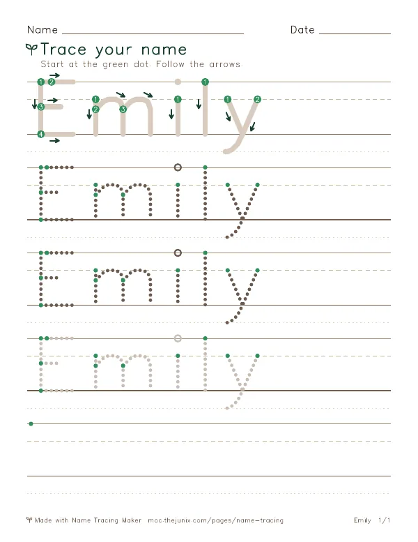 Page 1 of the Emily name tracing worksheet: Emily written six times in dotted letters on handwriting lines, with green start dots and numbered arrows on the first copy