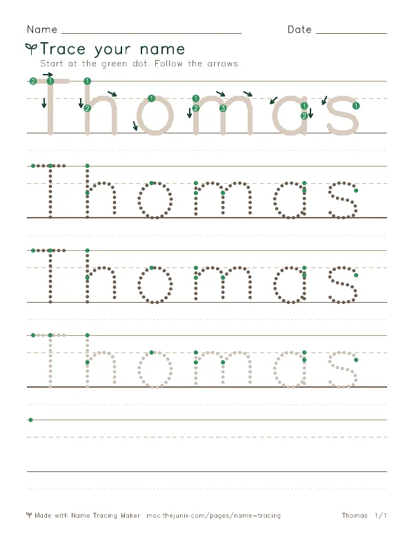 Page 1 of the Thomas name tracing worksheet: Thomas written six times in dotted letters on handwriting lines, with green start dots and numbered arrows on the first copy