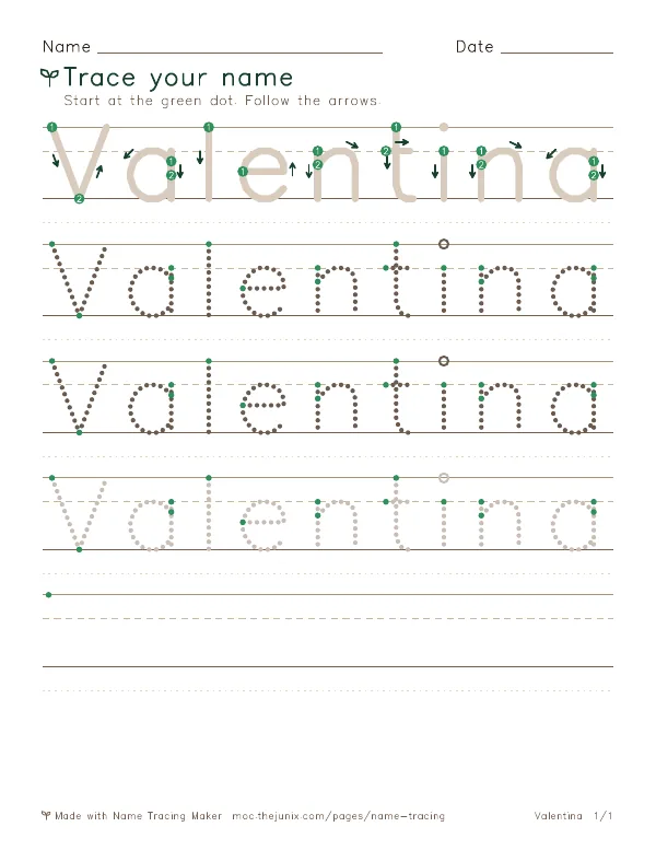 Page 1 of the Valentina name tracing worksheet: Valentina written six times in dotted letters on handwriting lines, with green start dots and numbered arrows on the first copy