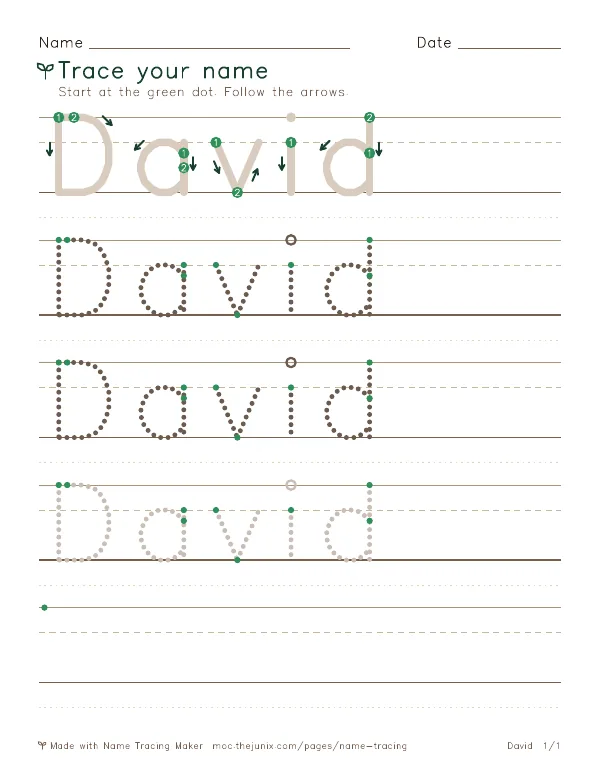 Page 1 of the David name tracing worksheet: David written six times in dotted letters on handwriting lines, with green start dots and numbered arrows on the first copy