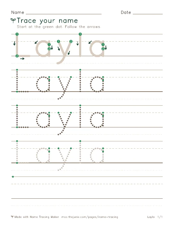 Page 1 of the Layla name tracing worksheet: Layla written six times in dotted letters on handwriting lines, with green start dots and numbered arrows on the first copy
