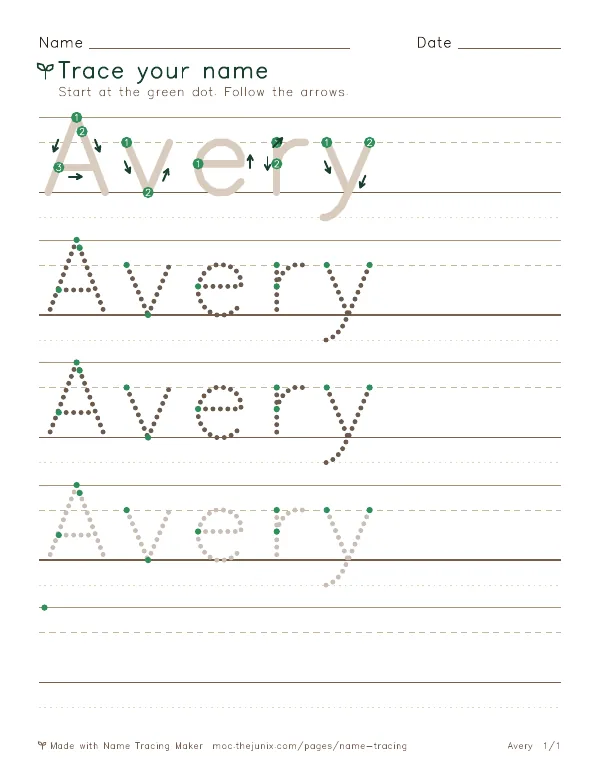 Page 1 of the Avery name tracing worksheet: Avery written six times in dotted letters on handwriting lines, with green start dots and numbered arrows on the first copy