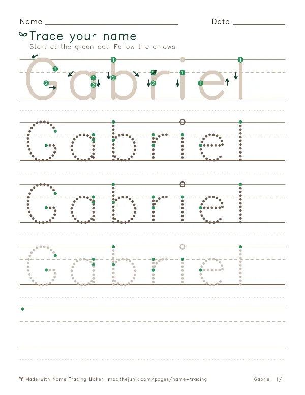 Page 1 of the Gabriel name tracing worksheet: Gabriel written six times in dotted letters on handwriting lines, with green start dots and numbered arrows on the first copy