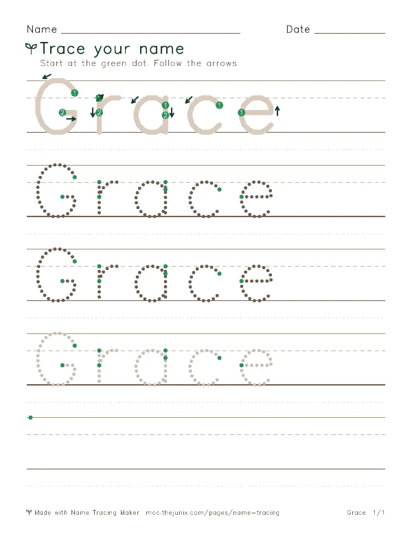 Page 1 of the Grace name tracing worksheet: Grace written six times in dotted letters on handwriting lines, with green start dots and numbered arrows on the first copy