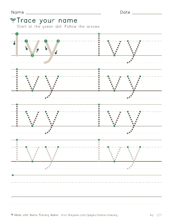 Page 1 of the Ivy name tracing worksheet: Ivy written six times in dotted letters on handwriting lines, with green start dots and numbered arrows on the first copy