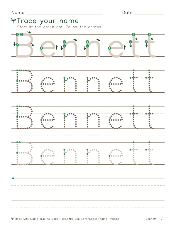 Page 1 of the Bennett name tracing worksheet: Bennett written six times in dotted letters on handwriting lines, with green start dots and numbered arrows on the first copy