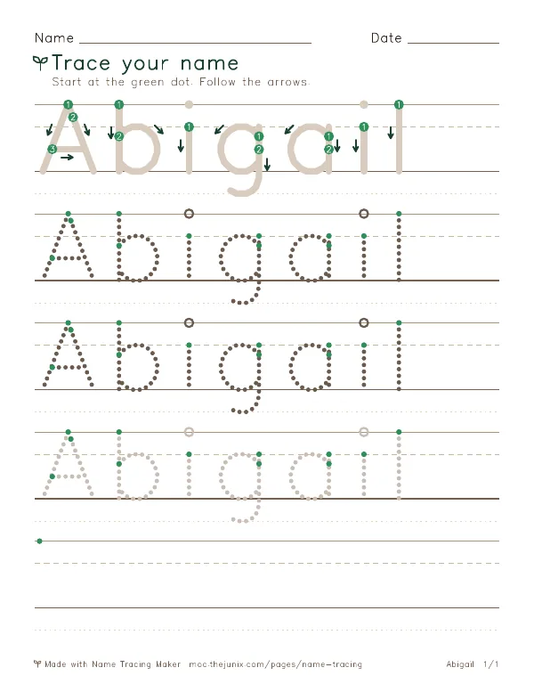 Page 1 of the Abigail name tracing worksheet: Abigail written six times in dotted letters on handwriting lines, with green start dots and numbered arrows on the first copy