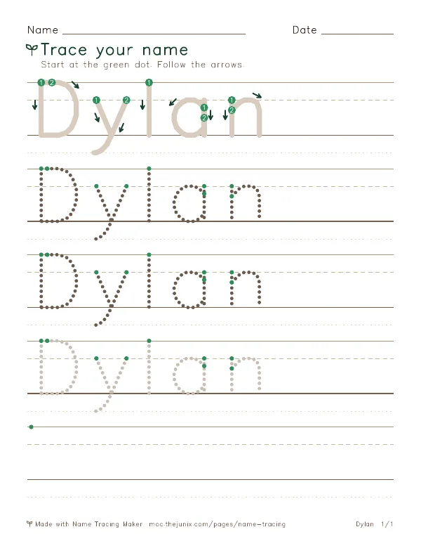 Page 1 of the Dylan name tracing worksheet: Dylan written six times in dotted letters on handwriting lines, with green start dots and numbered arrows on the first copy