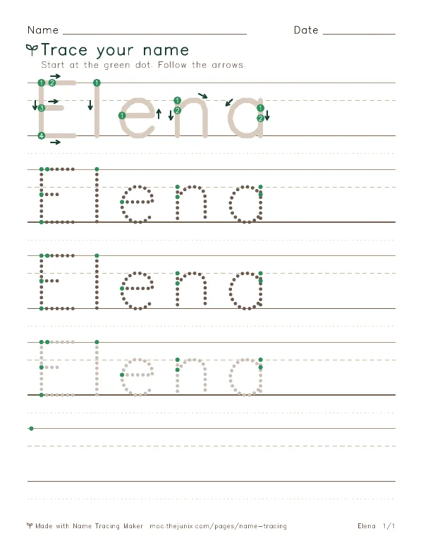 Page 1 of the Elena name tracing worksheet: Elena written six times in dotted letters on handwriting lines, with green start dots and numbered arrows on the first copy