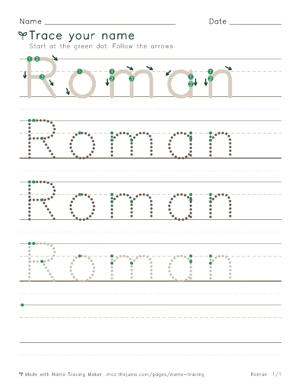 Page 1 of the Roman name tracing worksheet: Roman written six times in dotted letters on handwriting lines, with green start dots and numbered arrows on the first copy