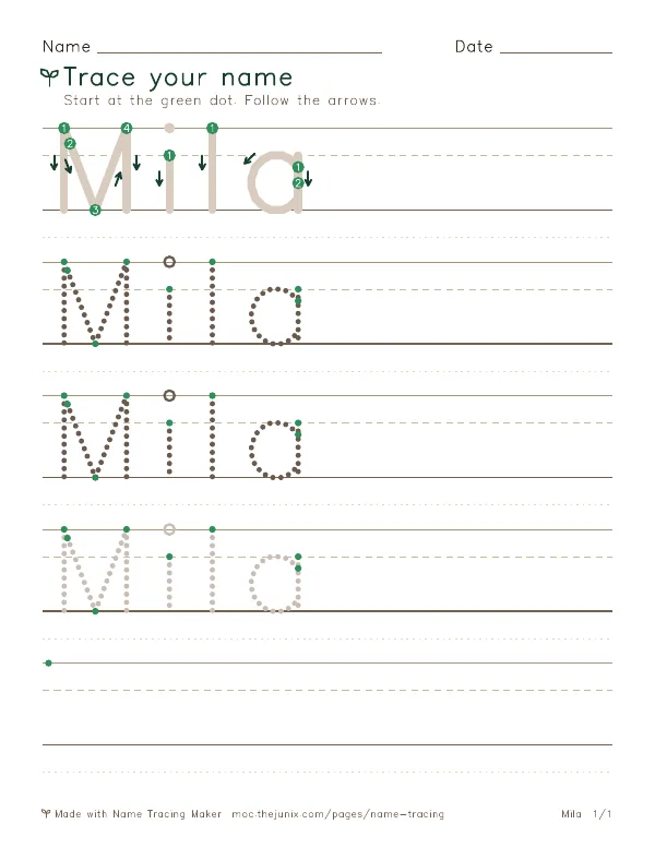 Page 1 of the Mila name tracing worksheet: Mila written six times in dotted letters on handwriting lines, with green start dots and numbered arrows on the first copy