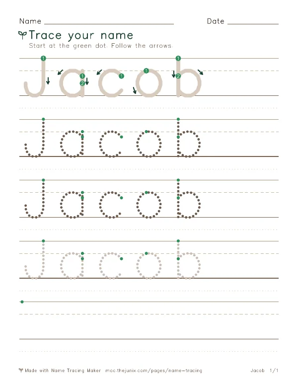 Page 1 of the Jacob name tracing worksheet: Jacob written six times in dotted letters on handwriting lines, with green start dots and numbered arrows on the first copy