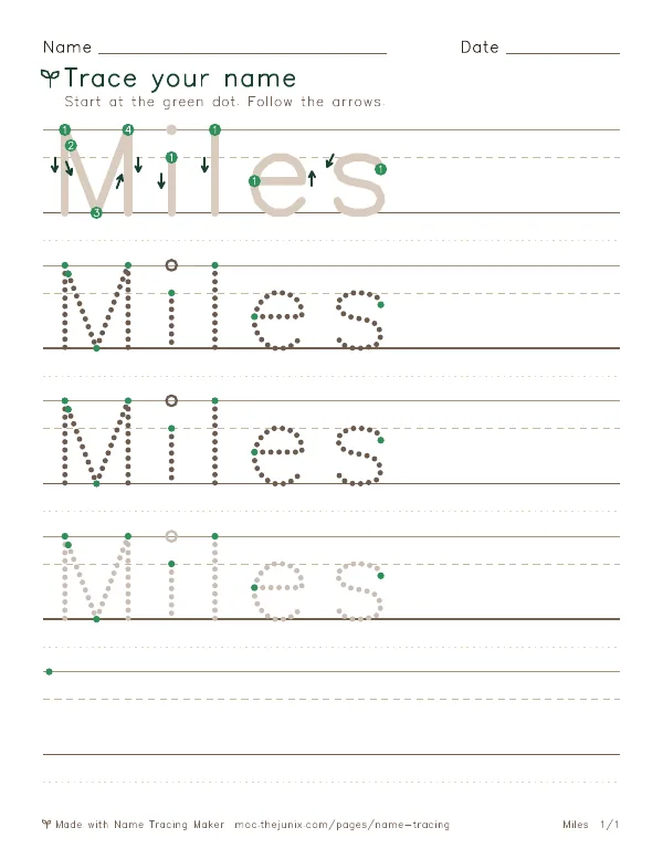 Page 1 of the Miles name tracing worksheet: Miles written six times in dotted letters on handwriting lines, with green start dots and numbered arrows on the first copy