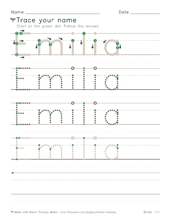 Page 1 of the Emilia name tracing worksheet: Emilia written six times in dotted letters on handwriting lines, with green start dots and numbered arrows on the first copy