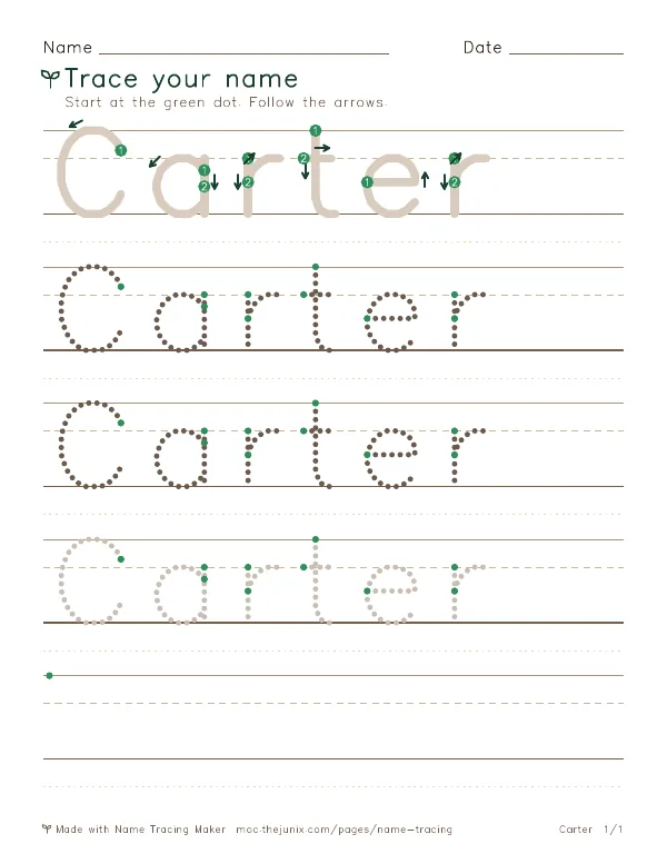 Page 1 of the Carter name tracing worksheet: Carter written six times in dotted letters on handwriting lines, with green start dots and numbered arrows on the first copy