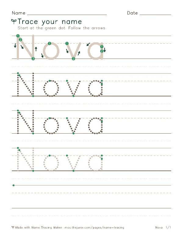 Page 1 of the Nova name tracing worksheet: Nova written six times in dotted letters on handwriting lines, with green start dots and numbered arrows on the first copy