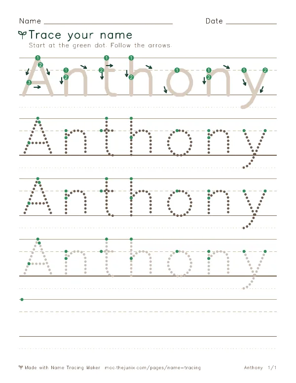 Page 1 of the Anthony name tracing worksheet: Anthony written six times in dotted letters on handwriting lines, with green start dots and numbered arrows on the first copy