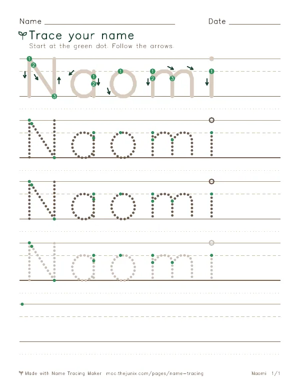 Page 1 of the Naomi name tracing worksheet: Naomi written six times in dotted letters on handwriting lines, with green start dots and numbered arrows on the first copy