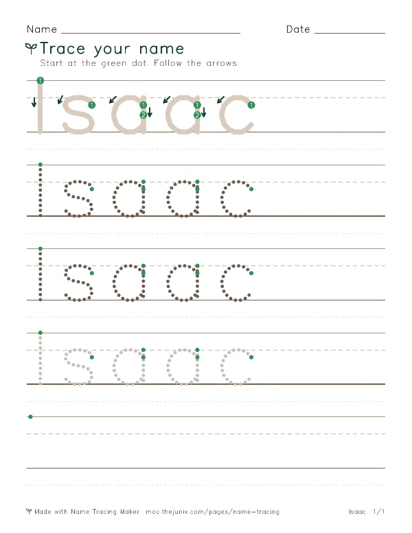 Page 1 of the Isaac name tracing worksheet: Isaac written six times in dotted letters on handwriting lines, with green start dots and numbered arrows on the first copy